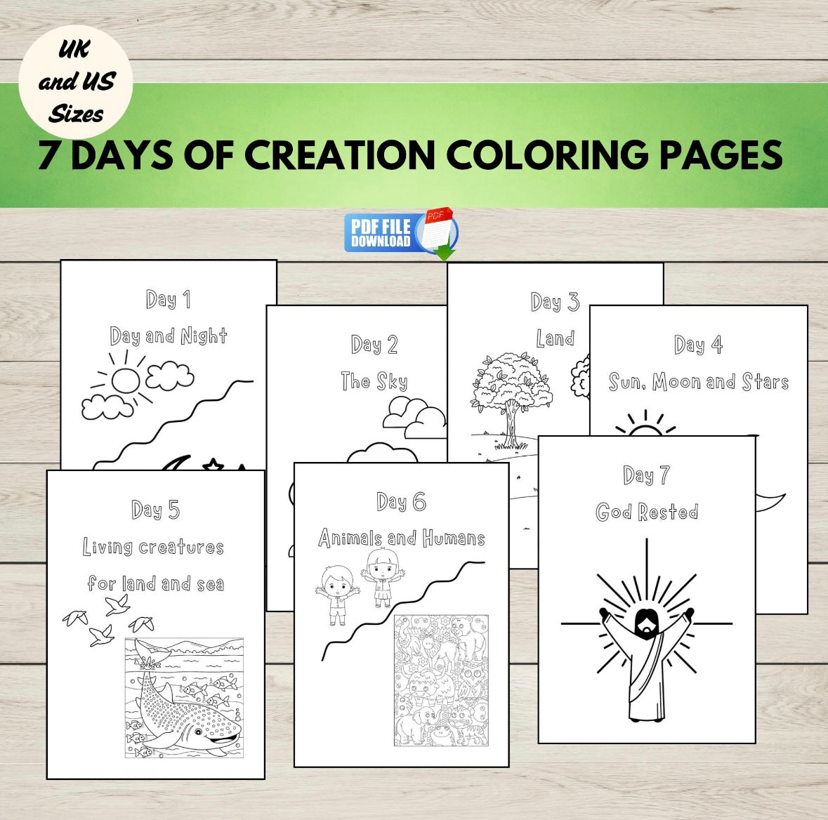7 Days of Creation colouring pages on a wooden surface with a green banner at the top.