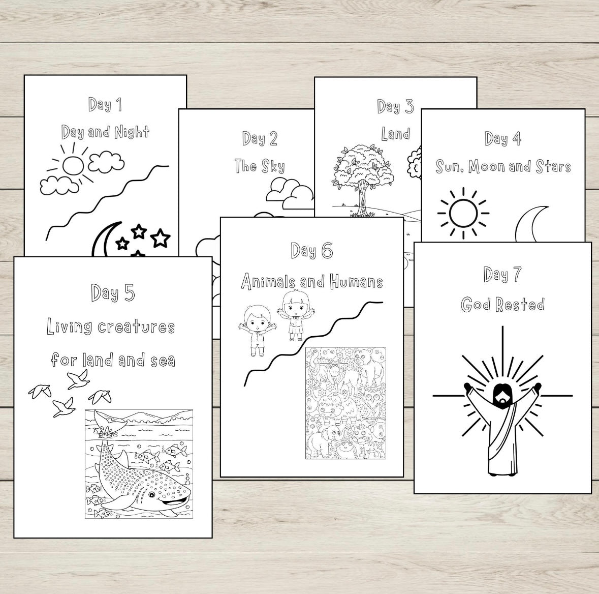 Set of seven black and white illustrations on a wooden surface, each representing a day of creation from the Bible.