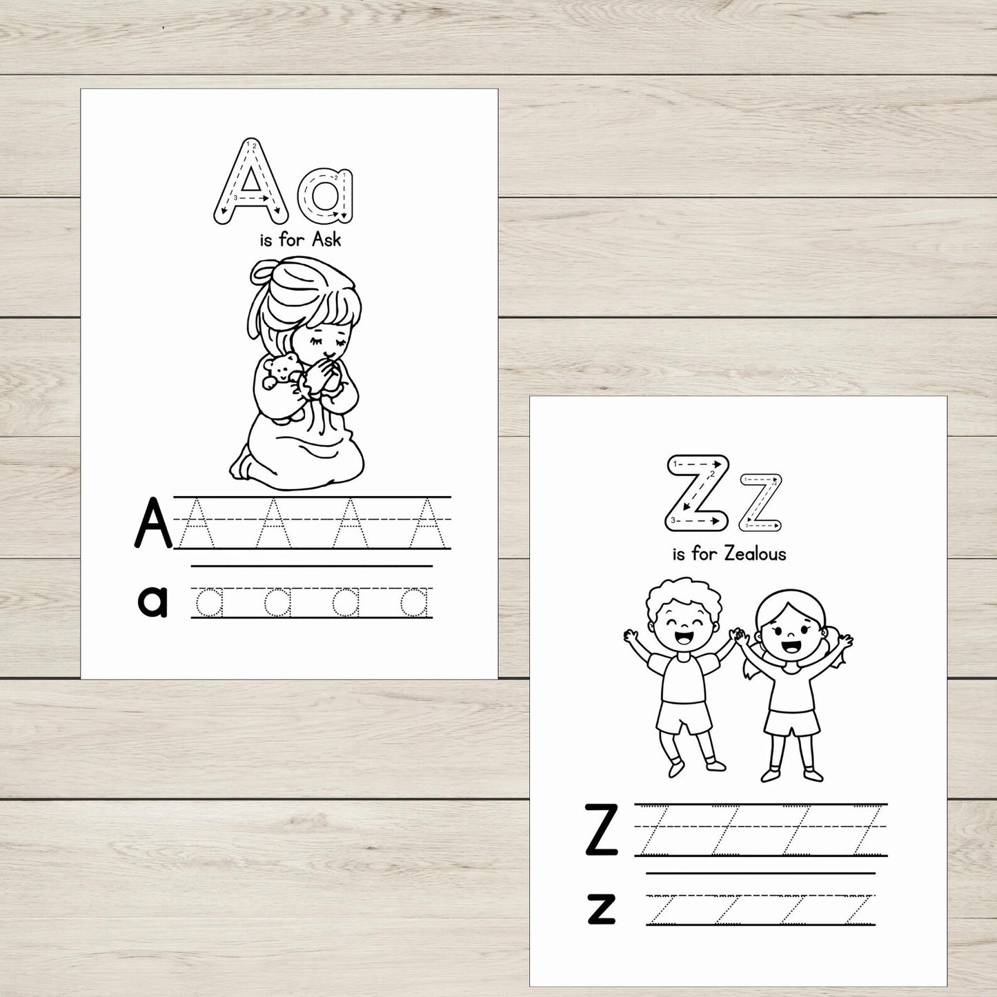 A and Z Bible Alphabet Phonics printable sheets with letter tracing practice for kids.
