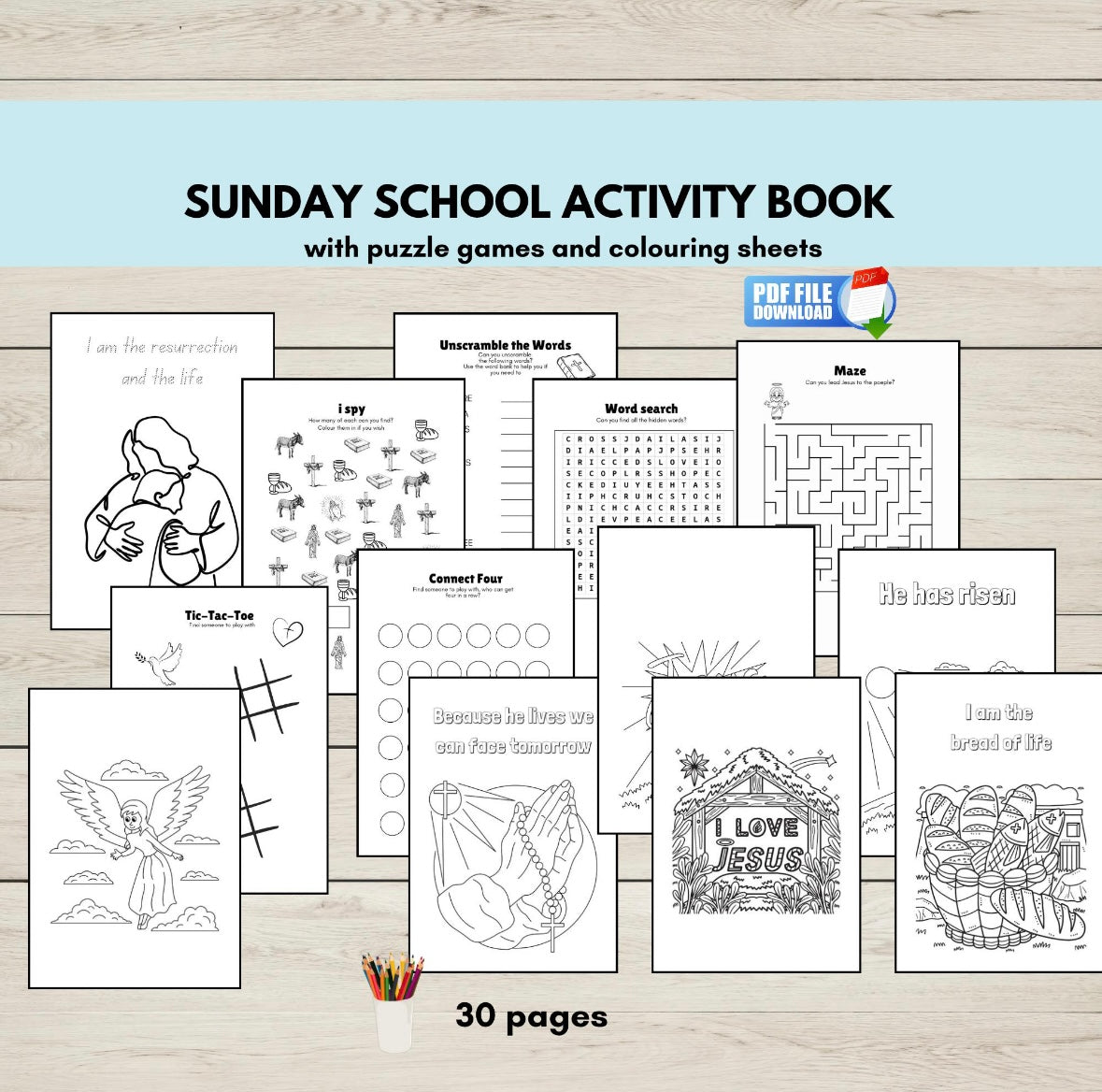Printable Bible activity book for kids with colouring pages and puzzles.