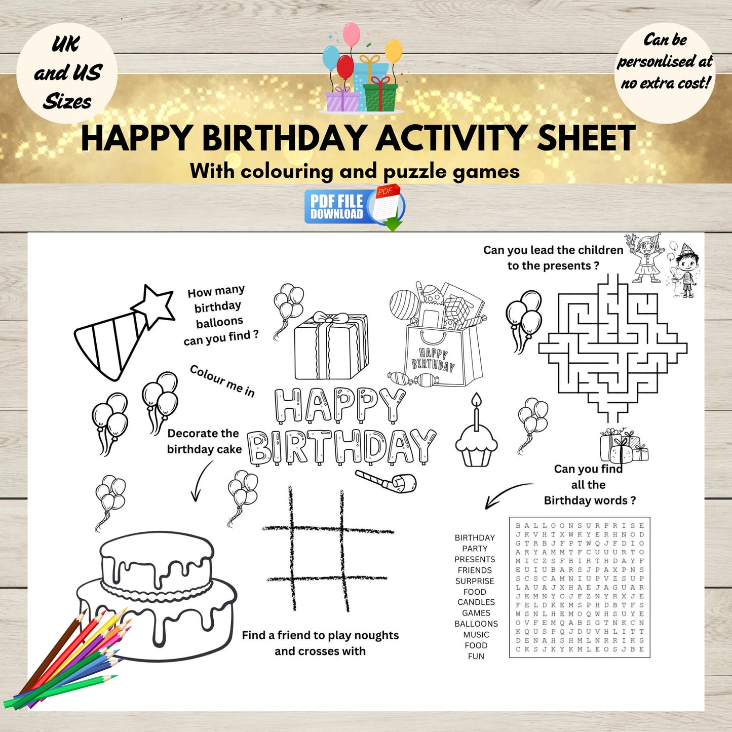 Printable birthday activity sheet for kids with colouring and puzzle game-perfect for birthday party entertainment and table fun.