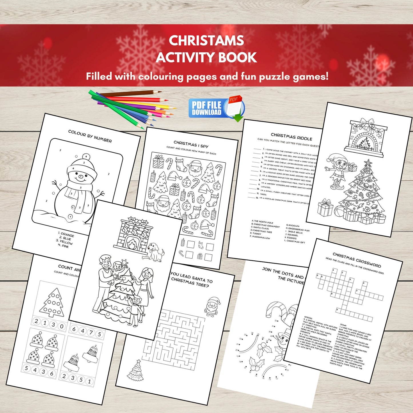 A printable colouring and activity book for kids with Christmas-themed activities.
