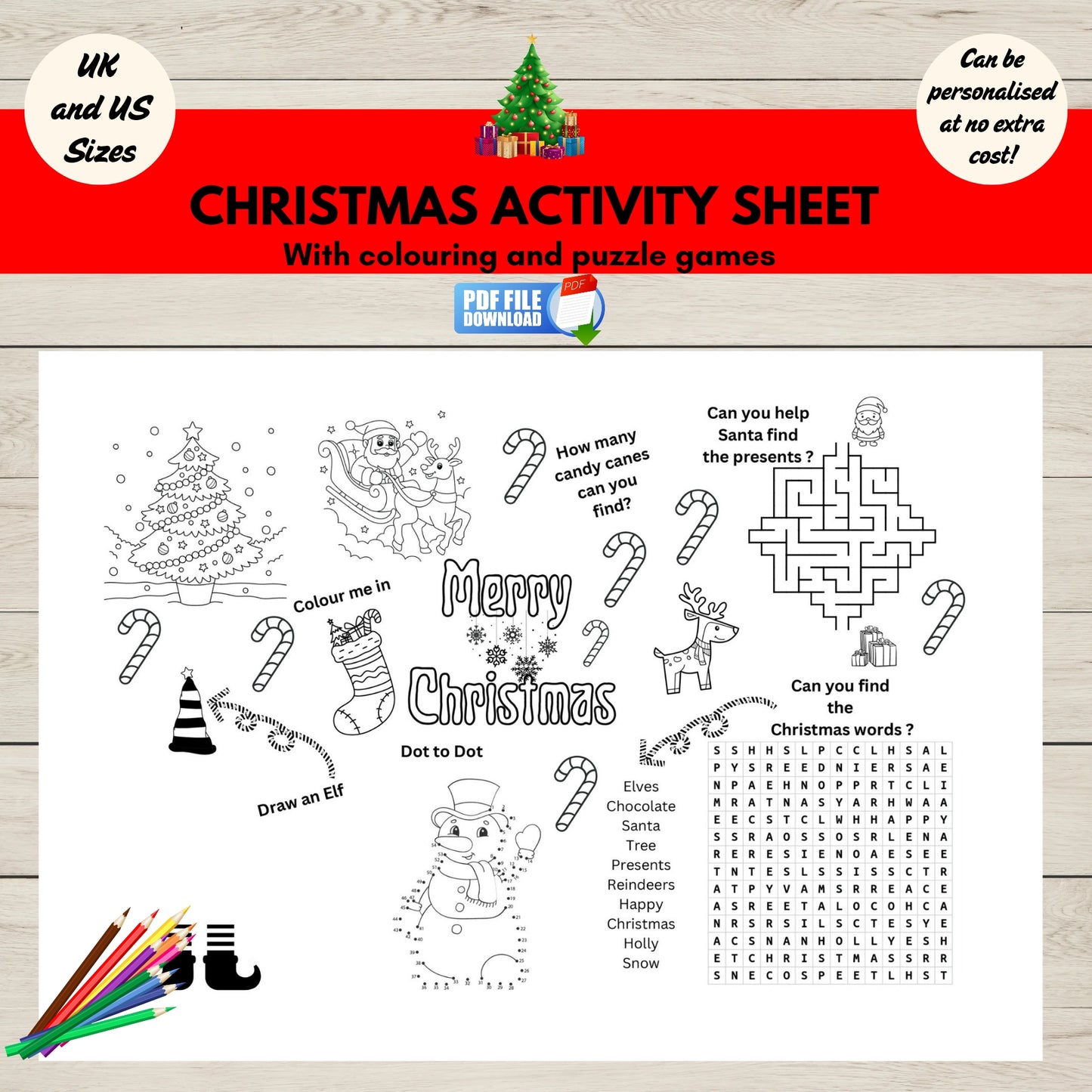 Printable Christmas activity and colouring page for kids featuring festive games like mazes, dot-to-dot, word search, and colouring in.