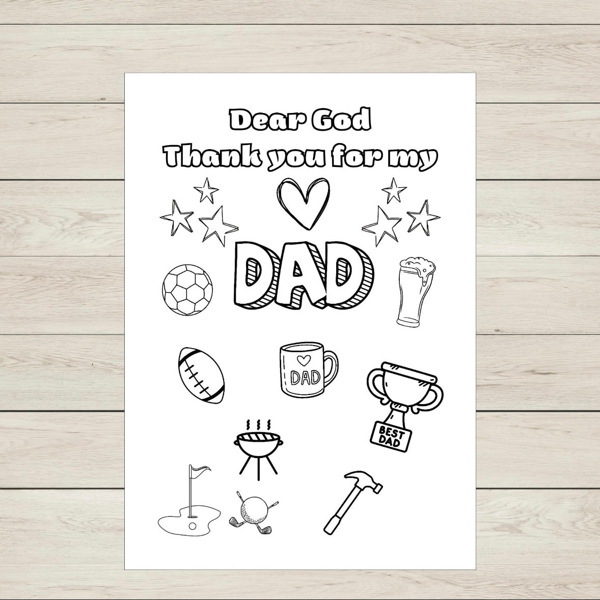 Colouring page with 'Dear God, Thank you for my Dad' text and various icons on a white background.