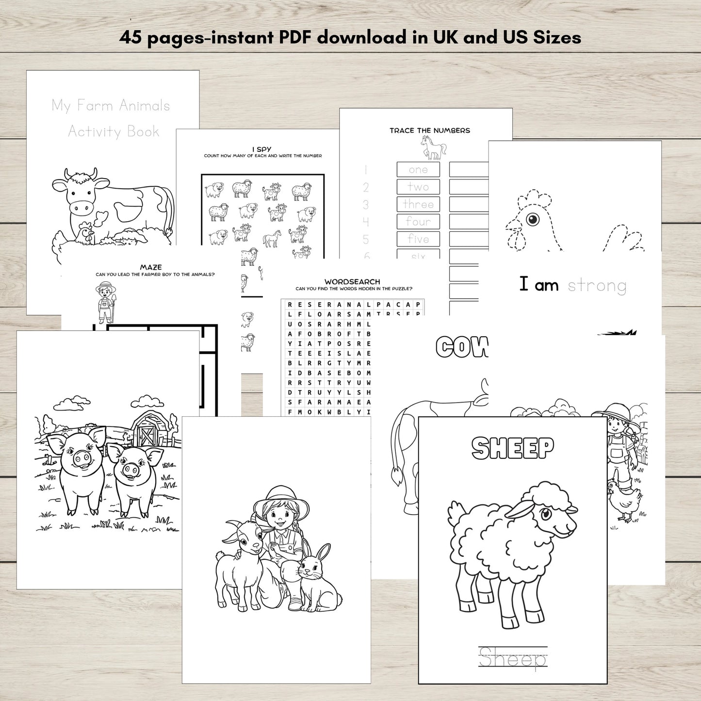 Farm animals printable activity book for kids with 45 pages.