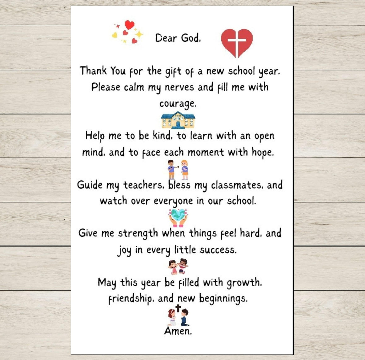 Prayer for a new school year with heart and cross symbols on a white background.