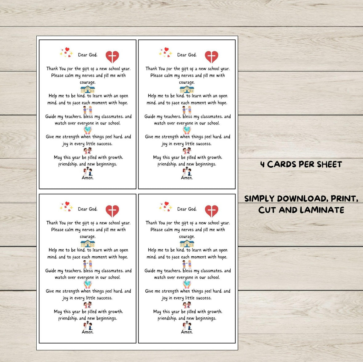 Four printed first day prayer cards with text on a wooden surface