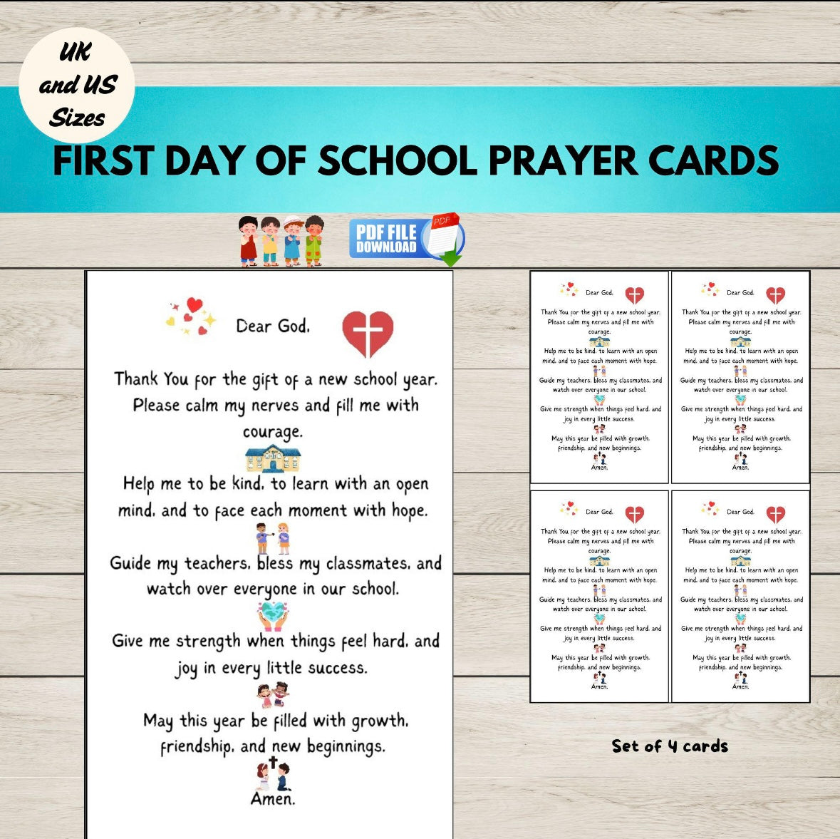 First Day of School Prayer Cards with text and icons on a wooden background