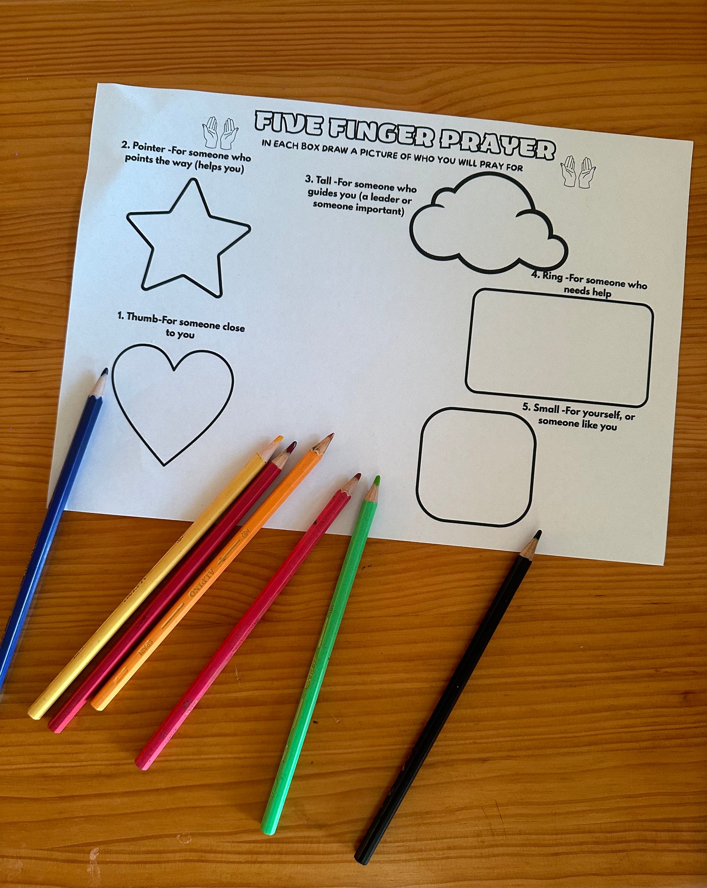 A print out of a five finger prayer activity for kids.
