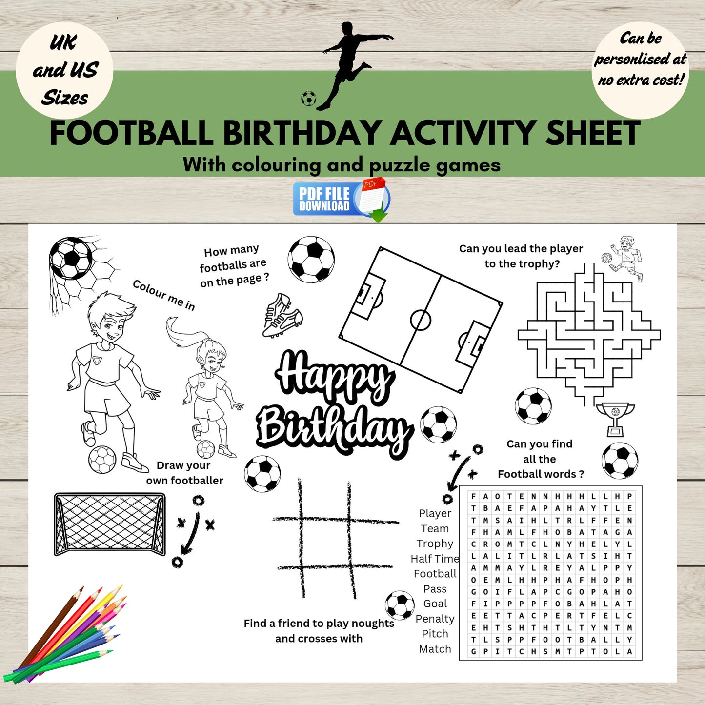 Printable football-themed birthday activity sheet with colouring, mazes, and games for kids-perfect for sports-themed parties and table entertainment.