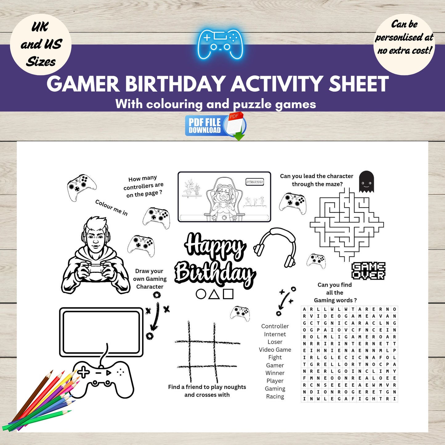 Printable gaming-themed birthday activity place mat with colouring and puzzles-perfect for kids’ video game parties and table entertainment.