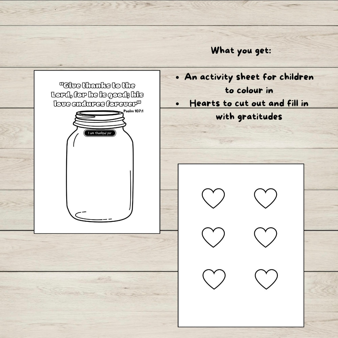 Activity craft for children with a mason jar and hearts on a wooden surface for 'Give thanks to god' theme.