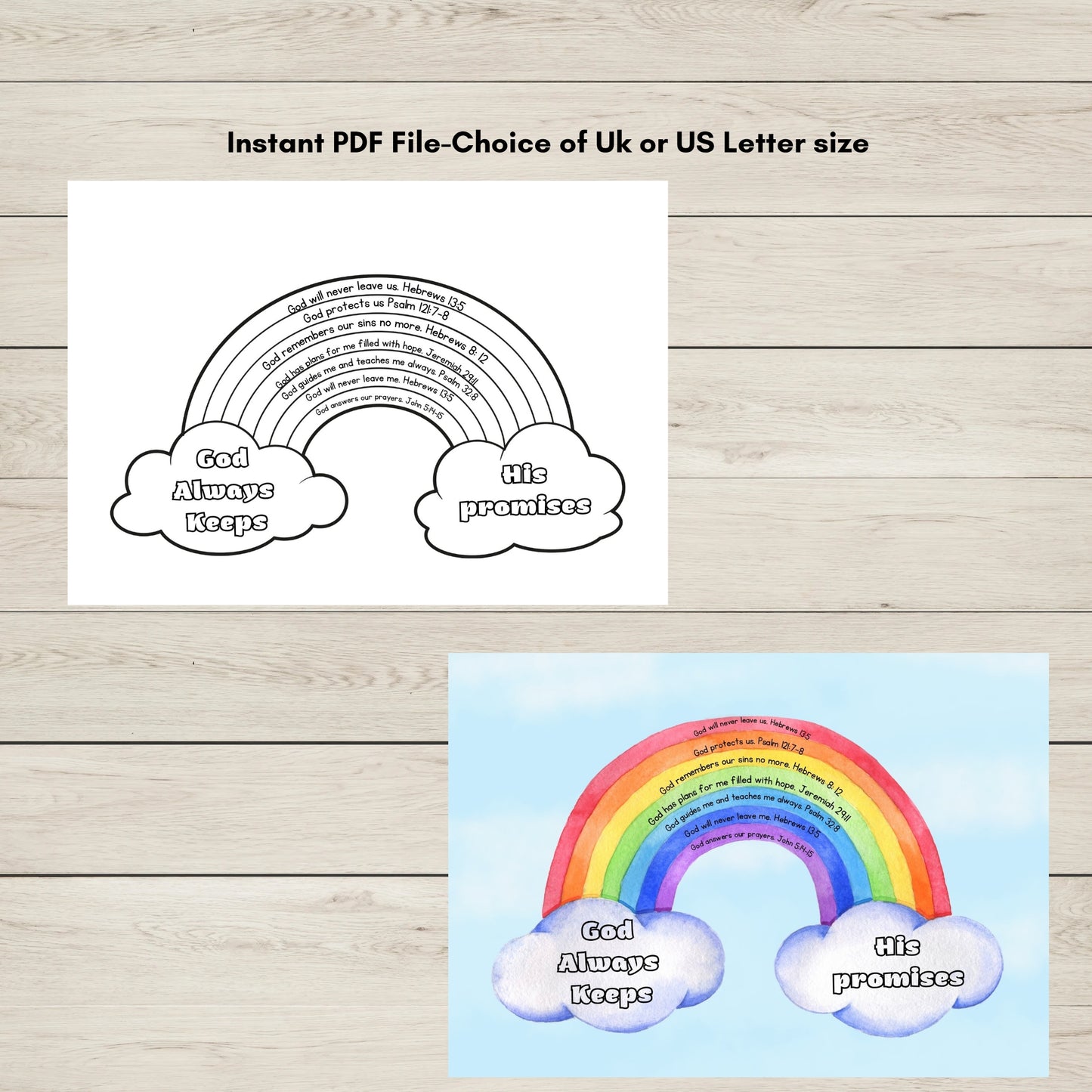 Two versions of a rainbow design with 'God Promises' messages, one black and white and one colourful.