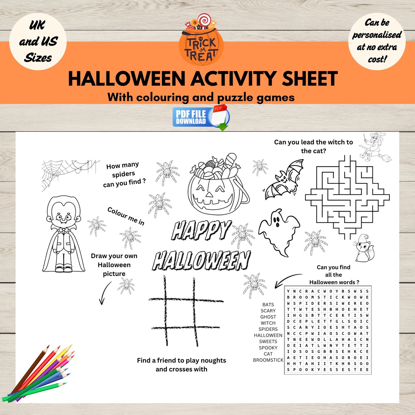 A printable activity and colouring sheet for kids. Ideal for halloween parties.