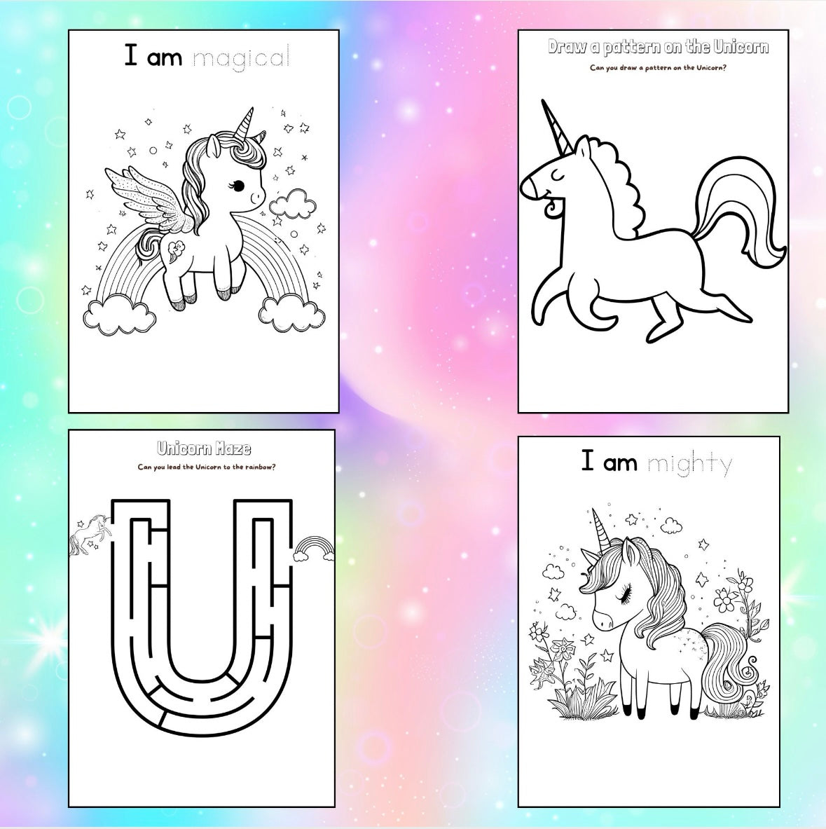 "Four printable Unicorn Colouring Pages."