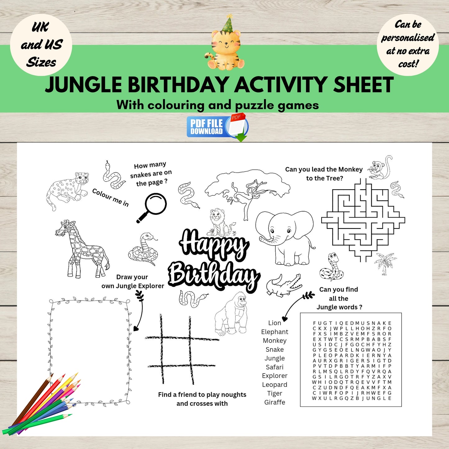 Printable jungle animals birthday party activity place mat for kids with colouring and puzzle games such as word search, maze, and noughts and crosses games – perfect for kids’ jungle-themed birthday parties.
