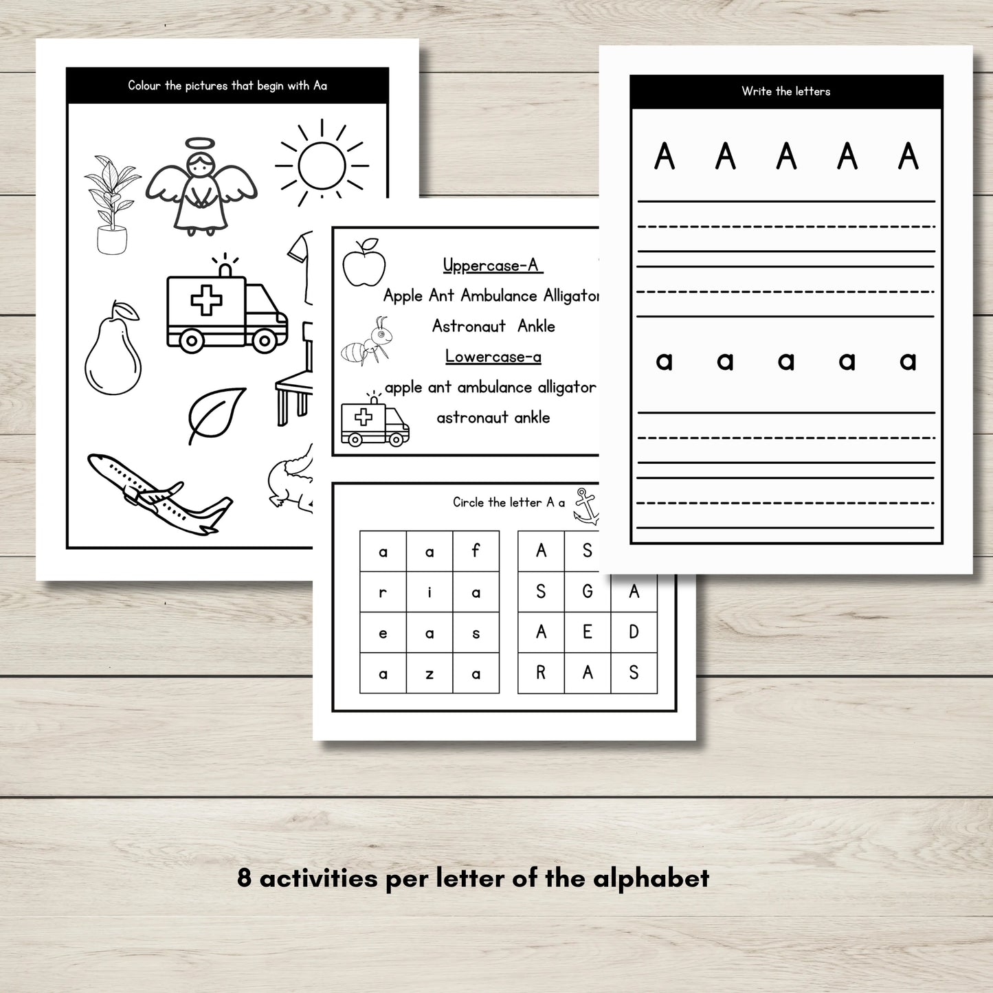 Letter A activity sheets for letter tracing and phonics.