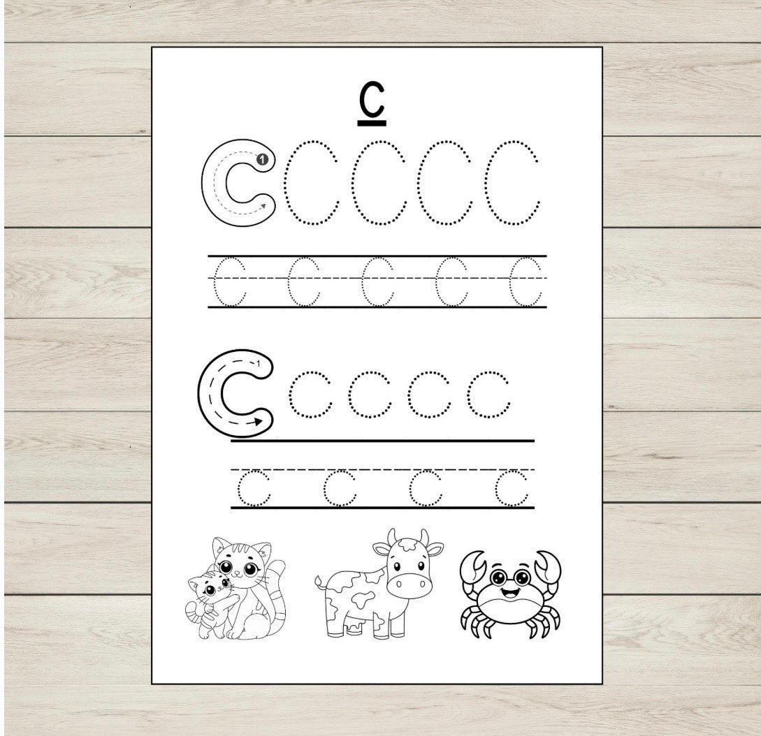 Letter C phonics worksheet with tracing, letter recognition, and beginning sound practice.