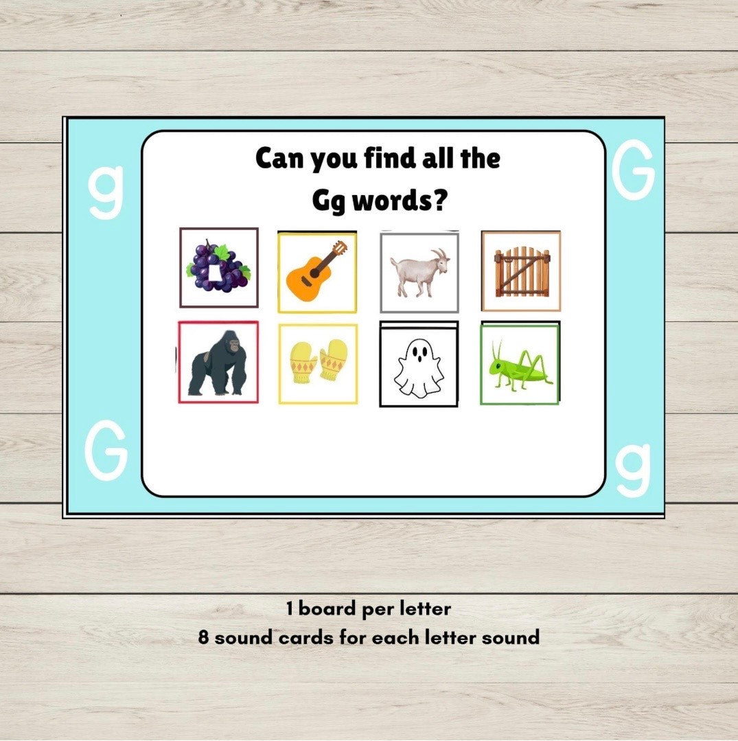 Letter G initial sound phonics card for early reading practice.