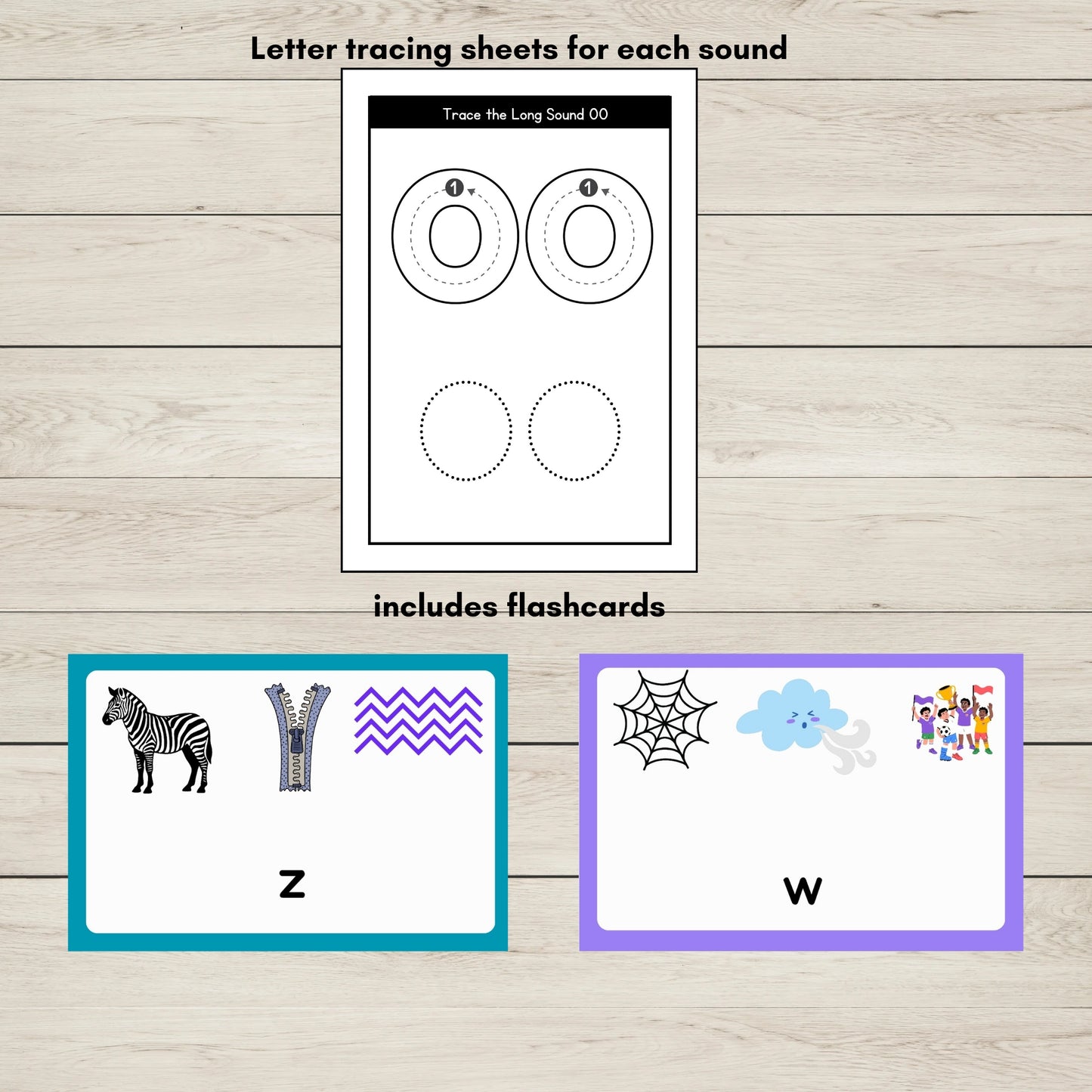 Letter tracing worksheets for Group 5 phonics sounds Z W NG V and OO for early learners and flashcards.
