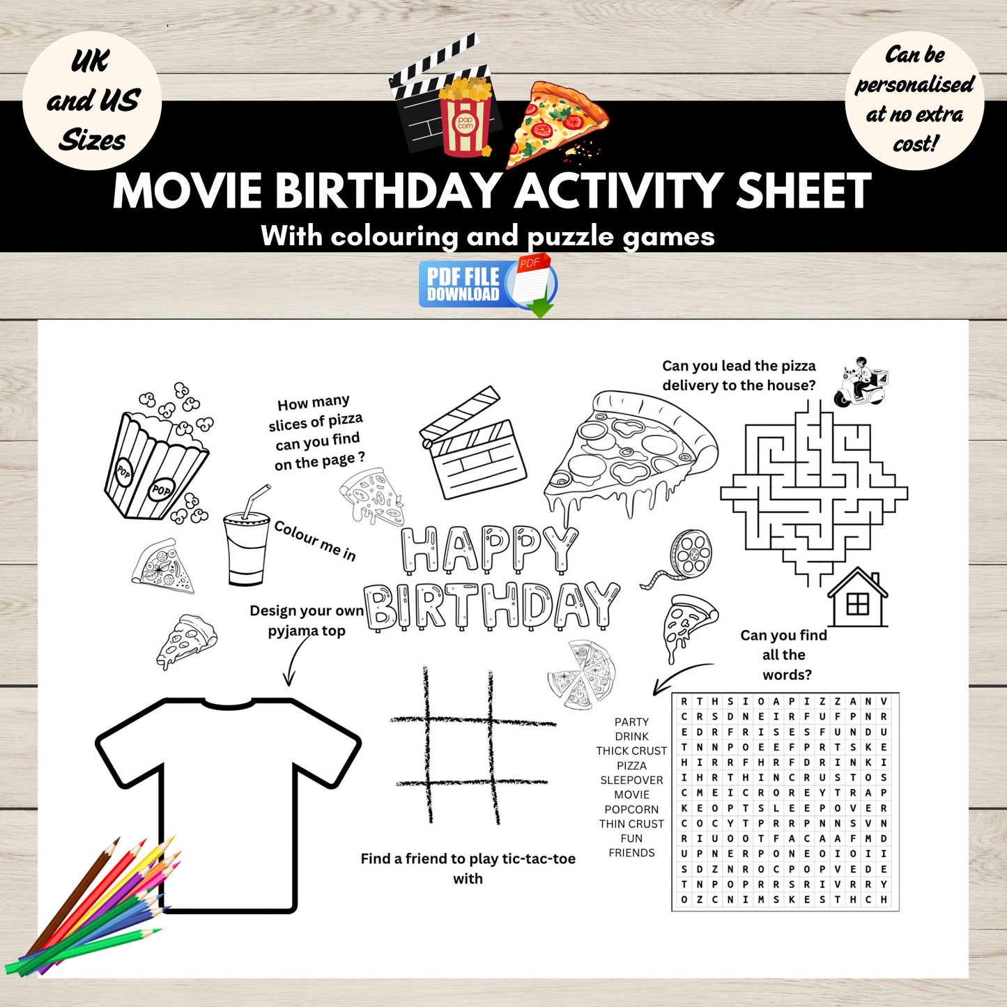 A printable movie themed birthday activity and colouring sheet for kids. With movie, popcorn and pizza theme.