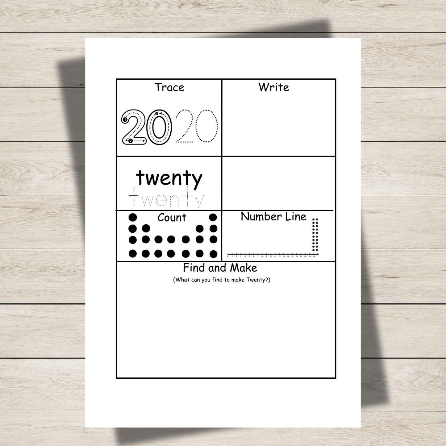 Number 20 tracing and counting worksheet from printable counting to 20 pack for preschool and kindergarten, enhancing early math confidence.