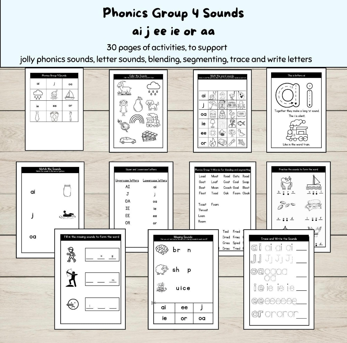 A set of jolly phonics group 4 worksheets PDF.
