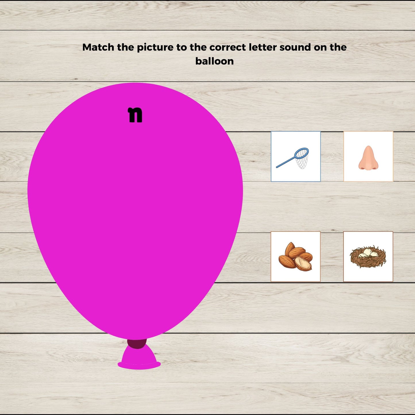 Pink balloon with a letter 'n' sound and matching picture cards.