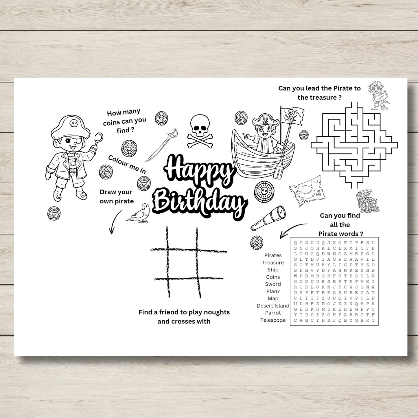 Pirate-themed activity sheet with various games for kids birthdays.