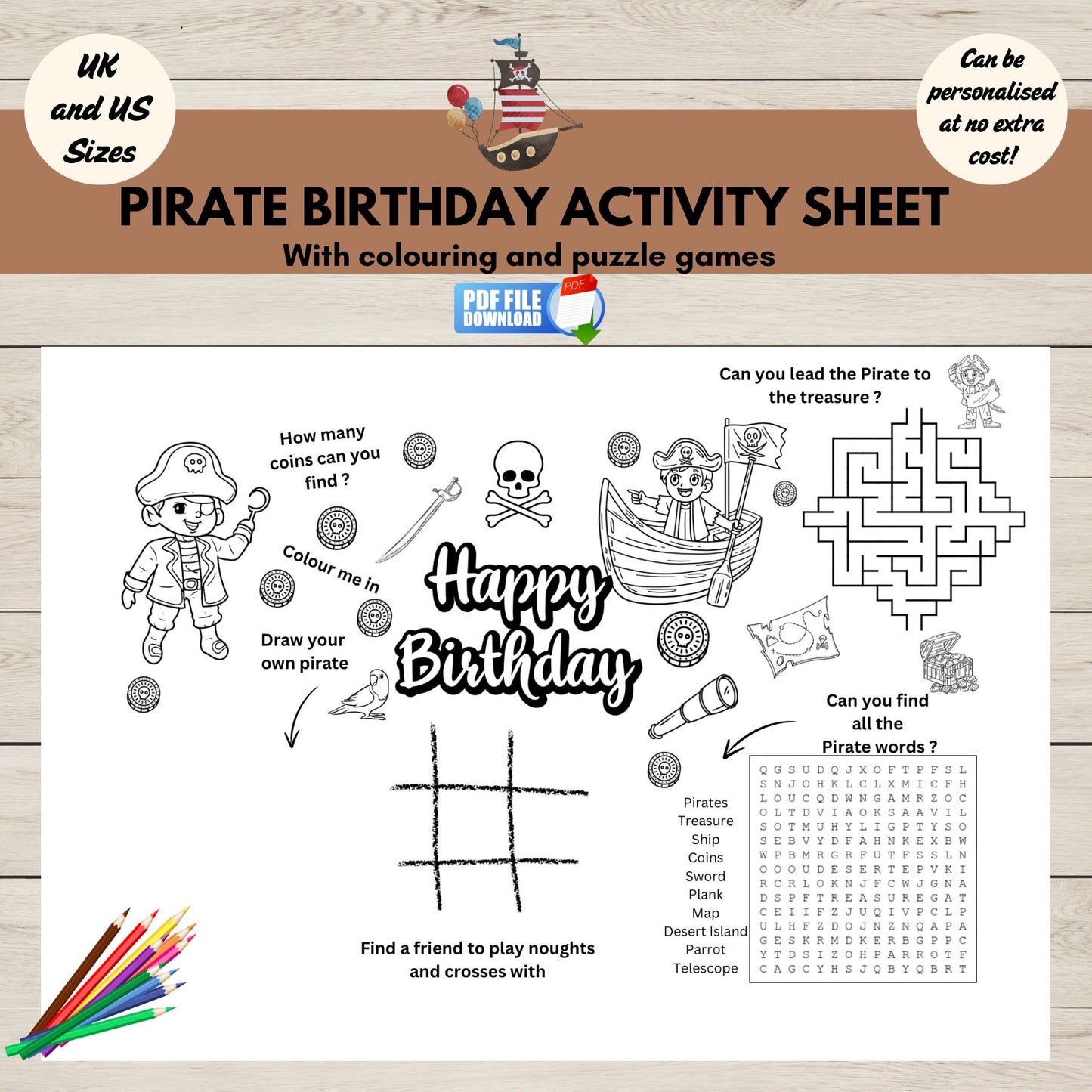 Instant download pirate activity and colouring sheet for kids. Perfect for birthday parties or classroom use