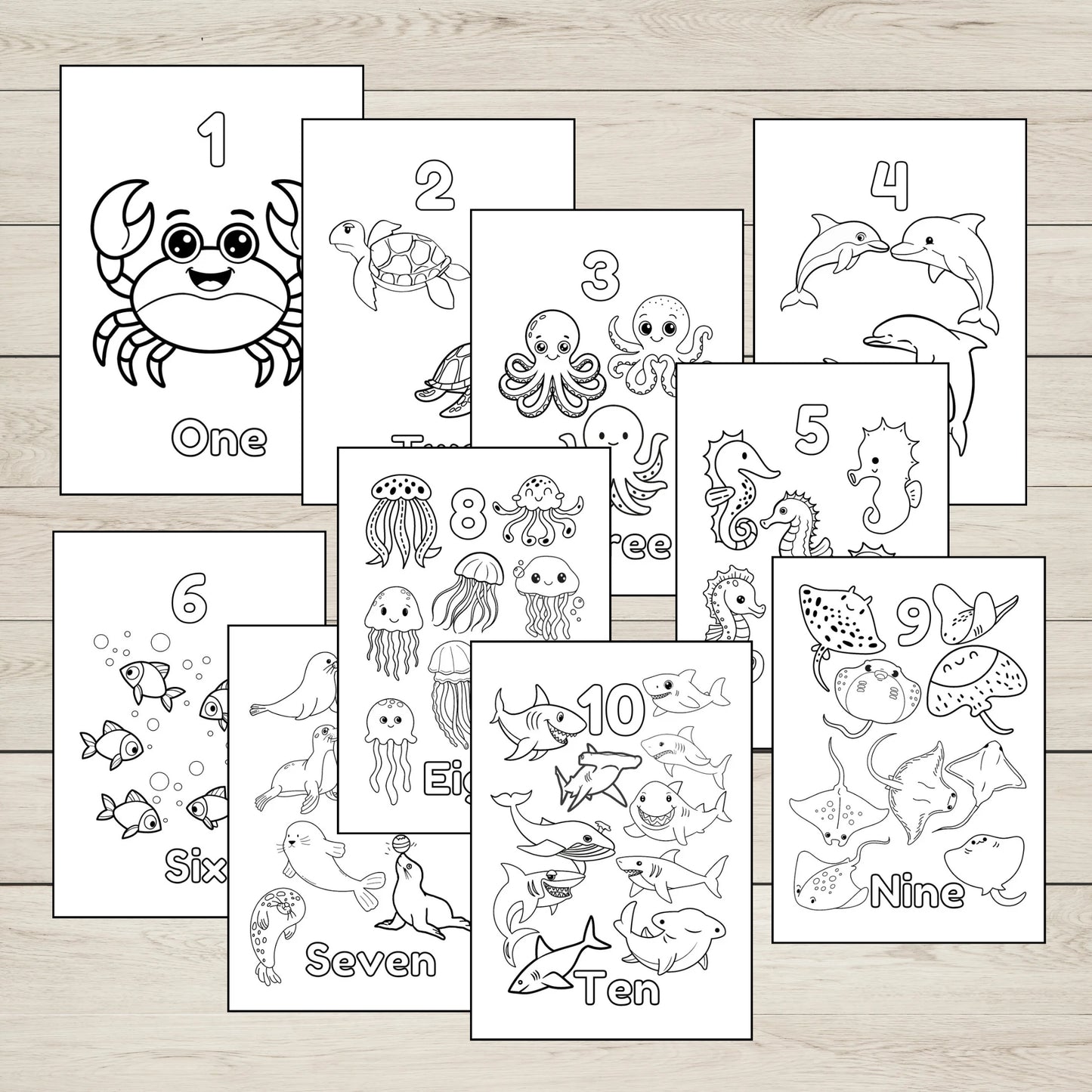 Set of ten coloring pages with numbers and sea creature illustrations on a wooden surface.
