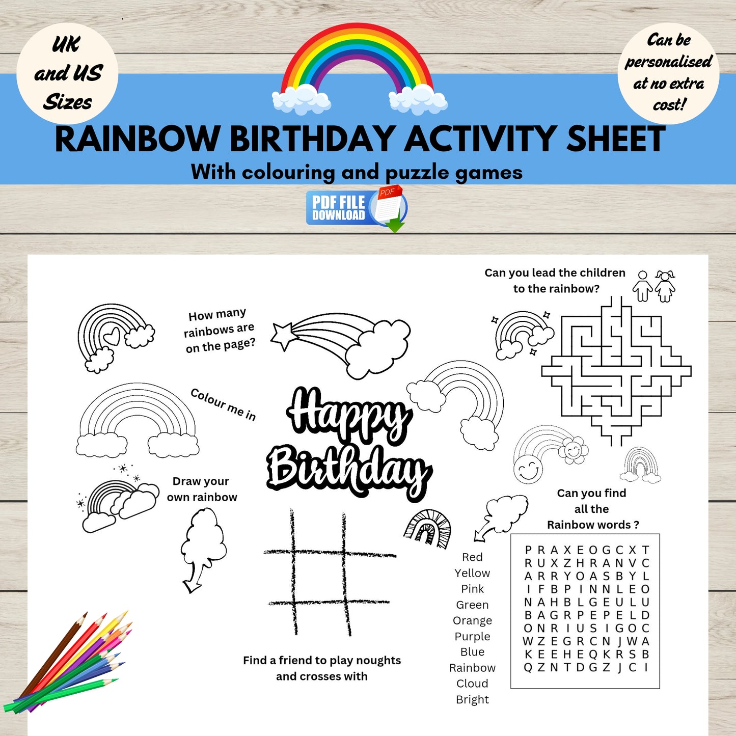 Printable rainbow birthday activity placemat for kids- colouring and games.