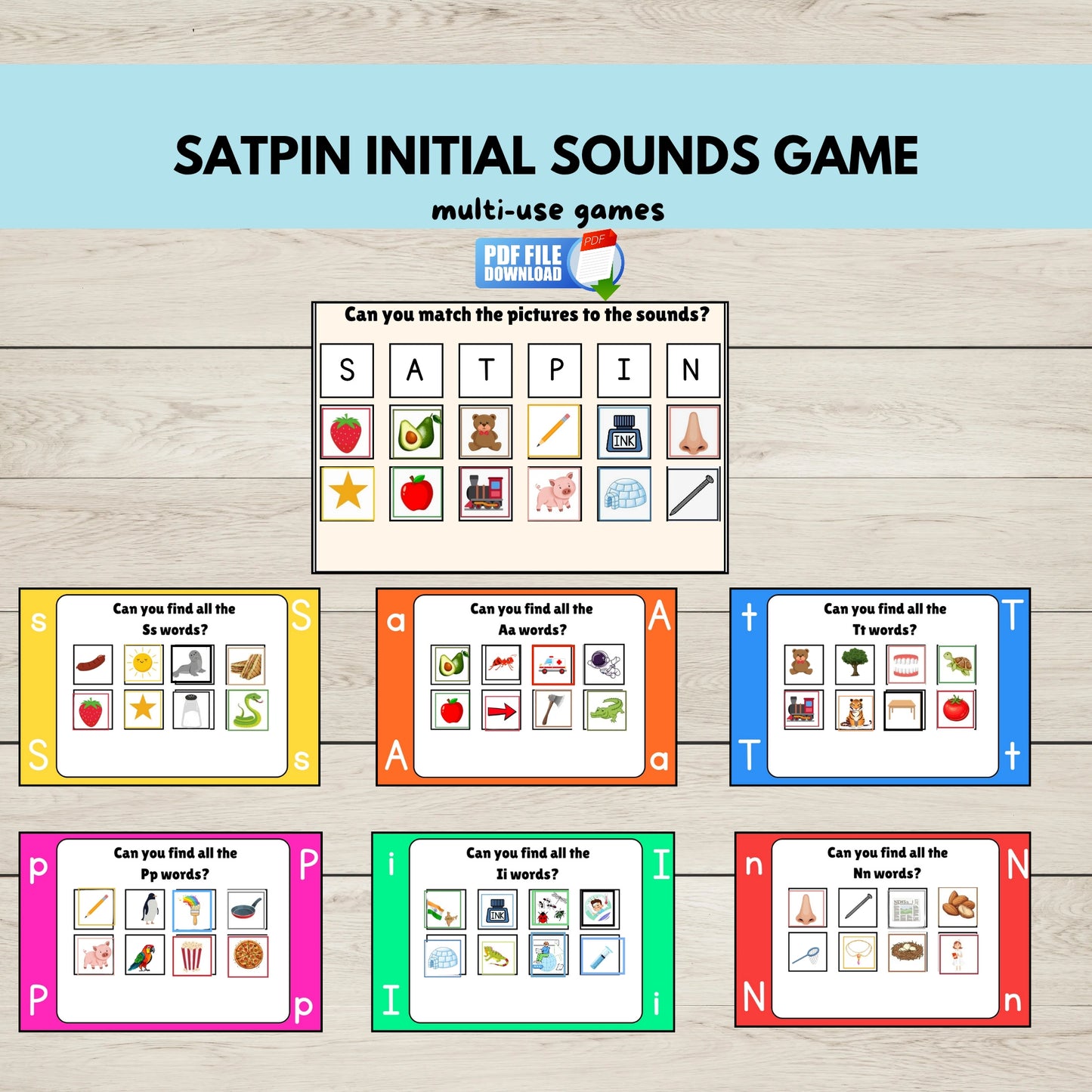 Printable SATPIN phonics initial sounds game for kids featuring colourful letter cards and activities to support early literacy and sound recognition.