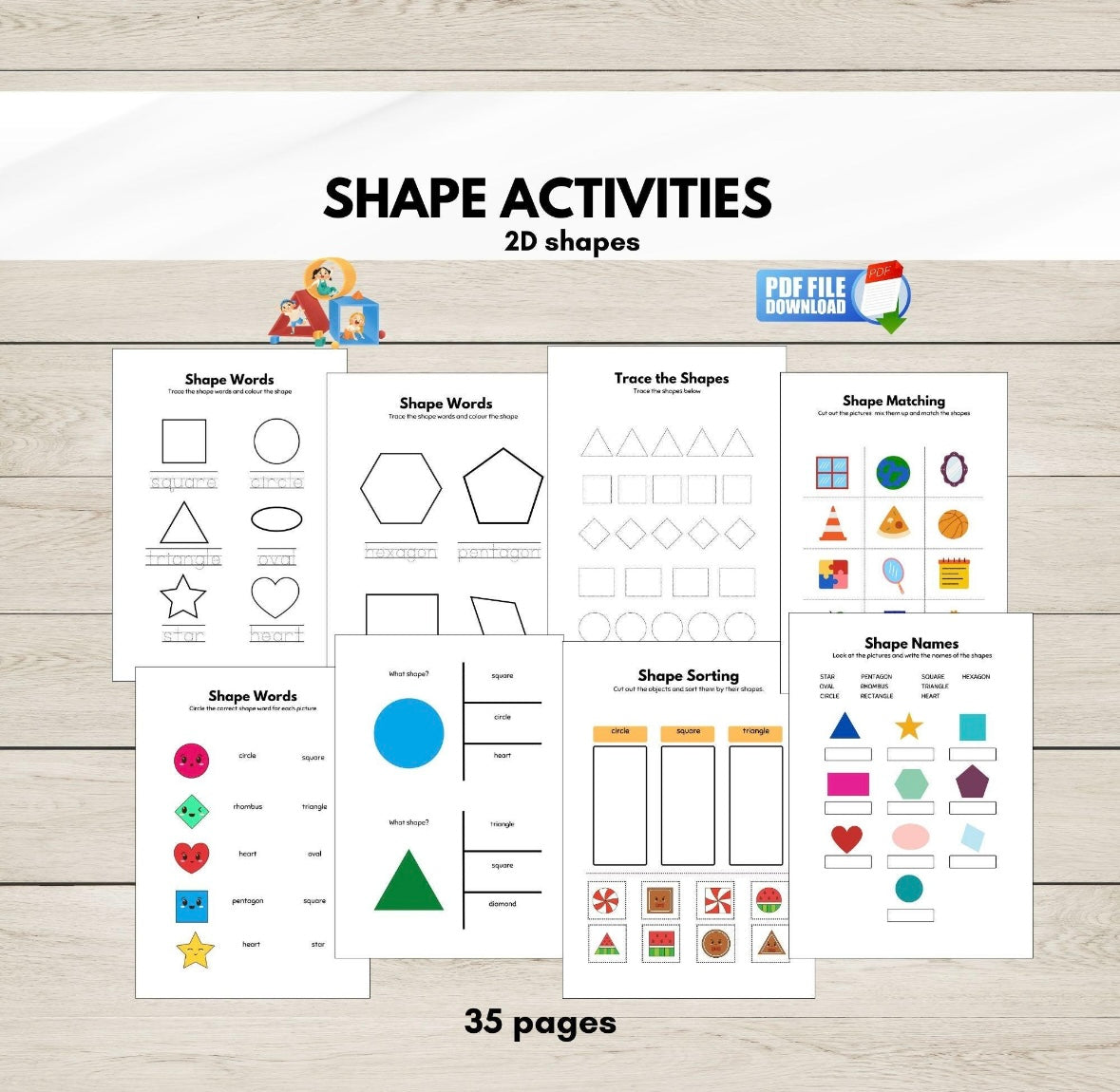 Printable 2D shapes activity worksheets for preschool and kindergarten-includes tracing, matching, counting, and sorting shapes like circles, squares, triangles, and more.