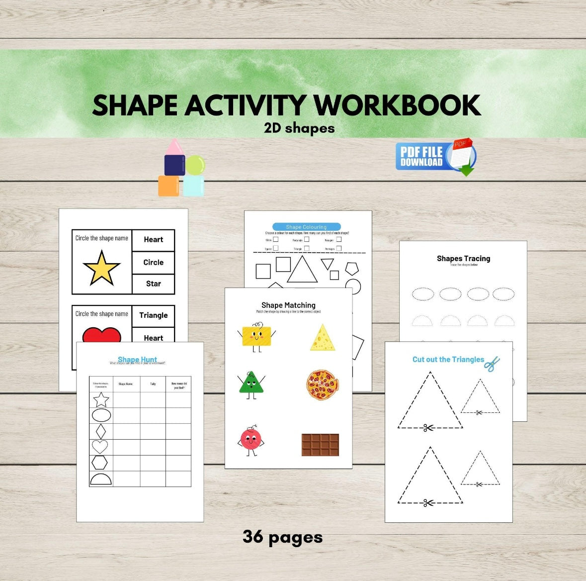 Printable shapes activity sheets for preschool and kindergarten-2D shape recognition, tracing, and matching worksheets for early learning.