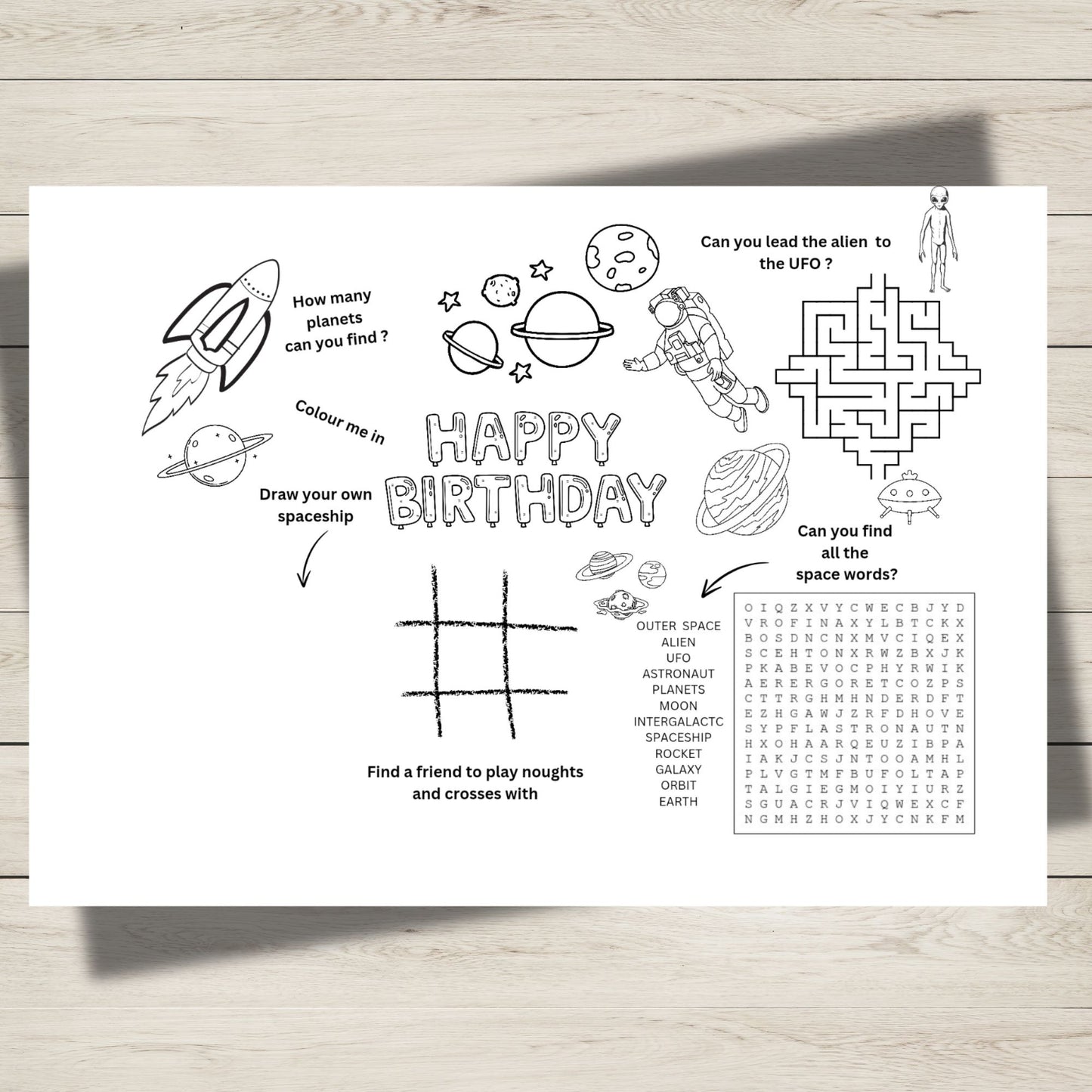 Space-themed birthday activity sheet with colouring and puzzles for kids.