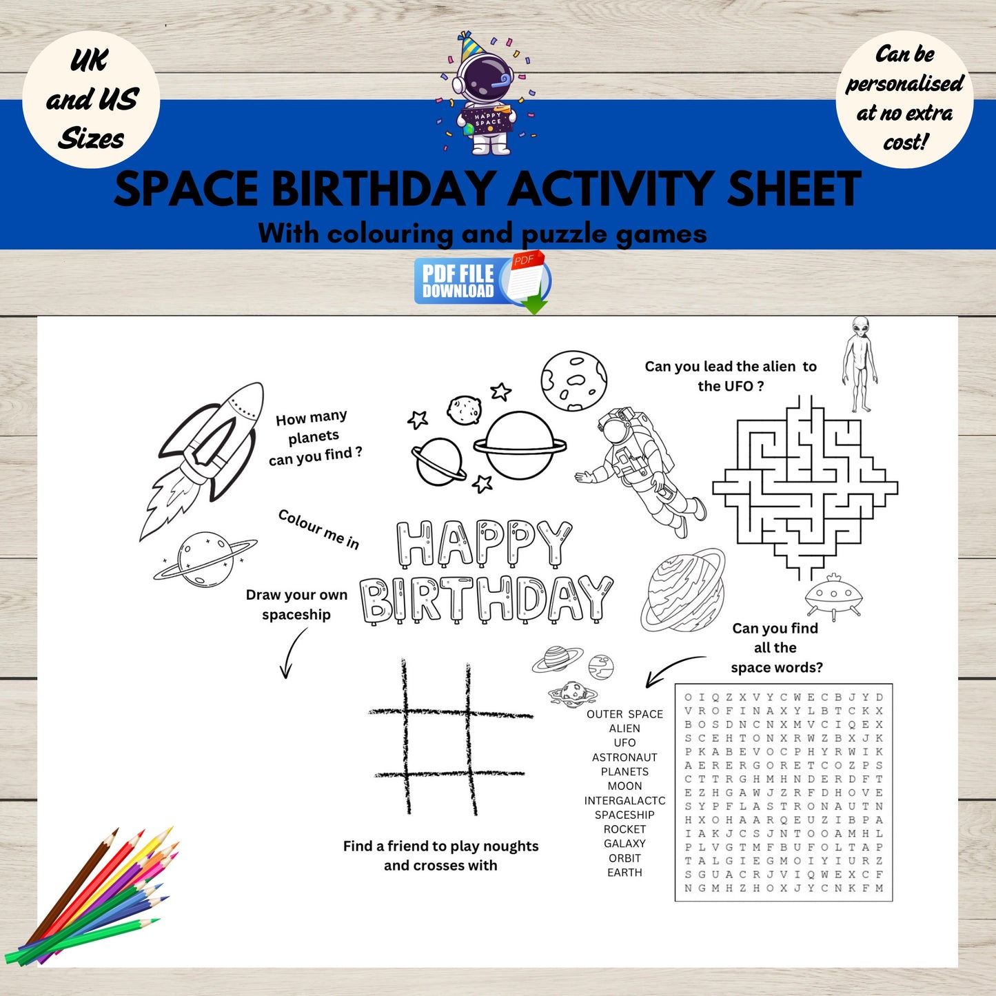 A printable activity sheet for kids with space them. Includes colouring an puzzle games. Ideal for space birthday parties.