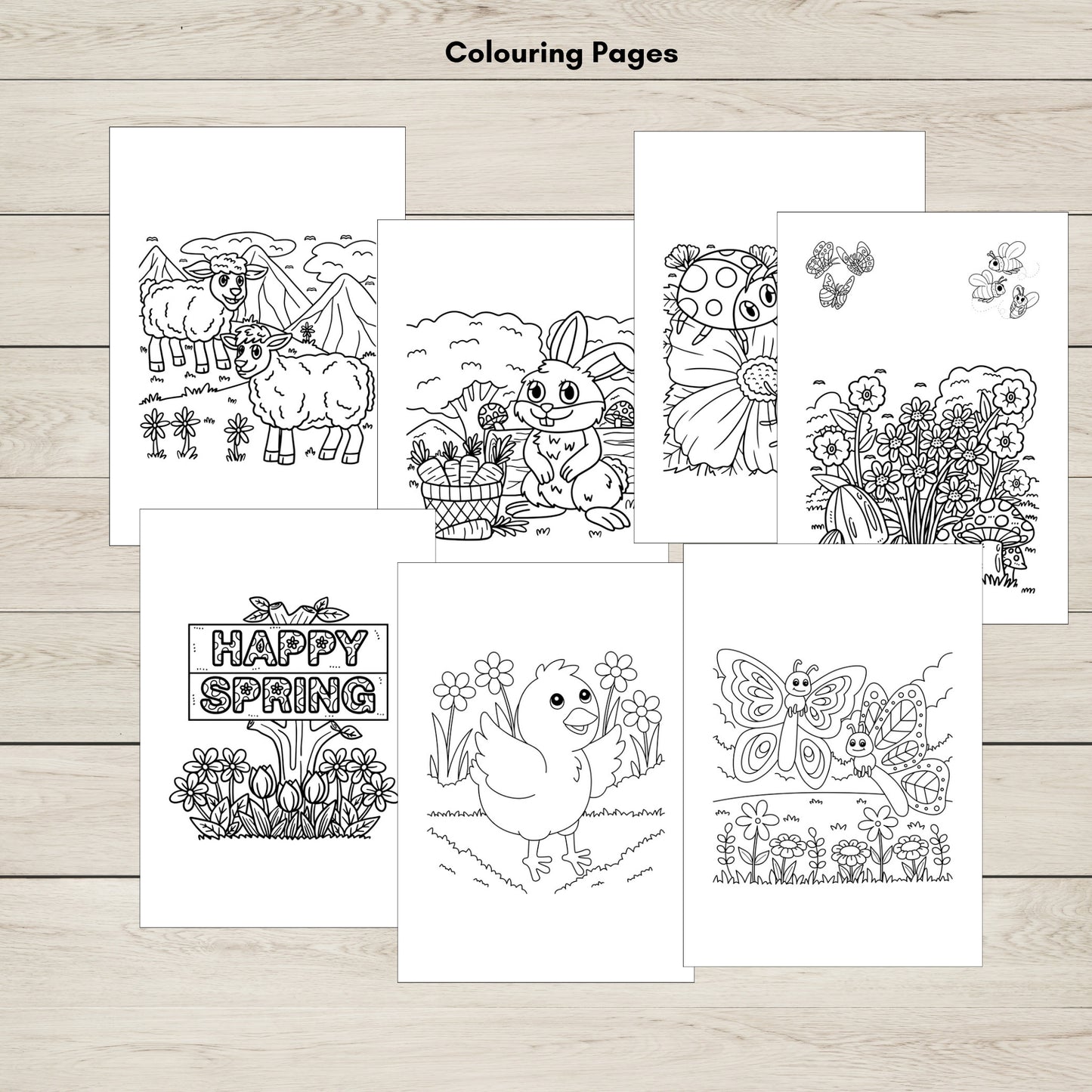 A set of printable Spring themed colouring pages.