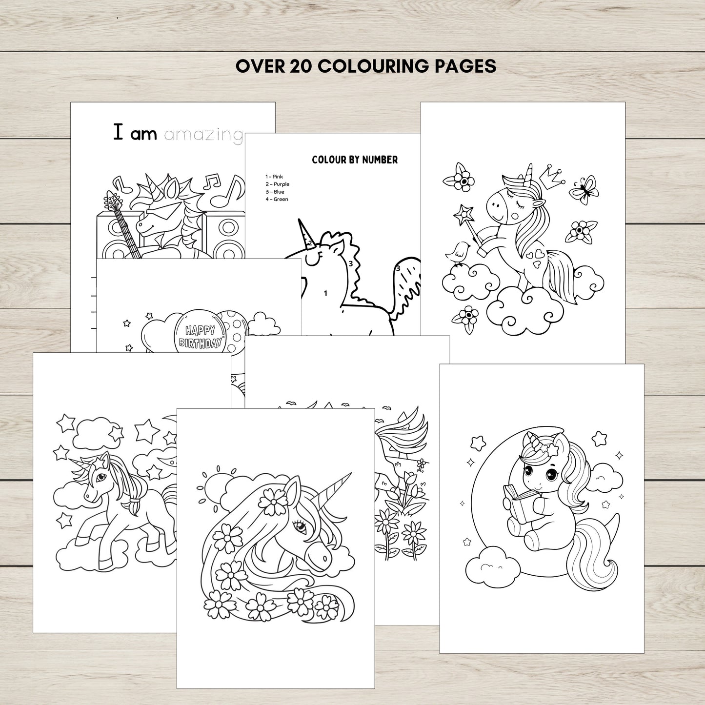 Collection of unicorn colouring pages for kids.