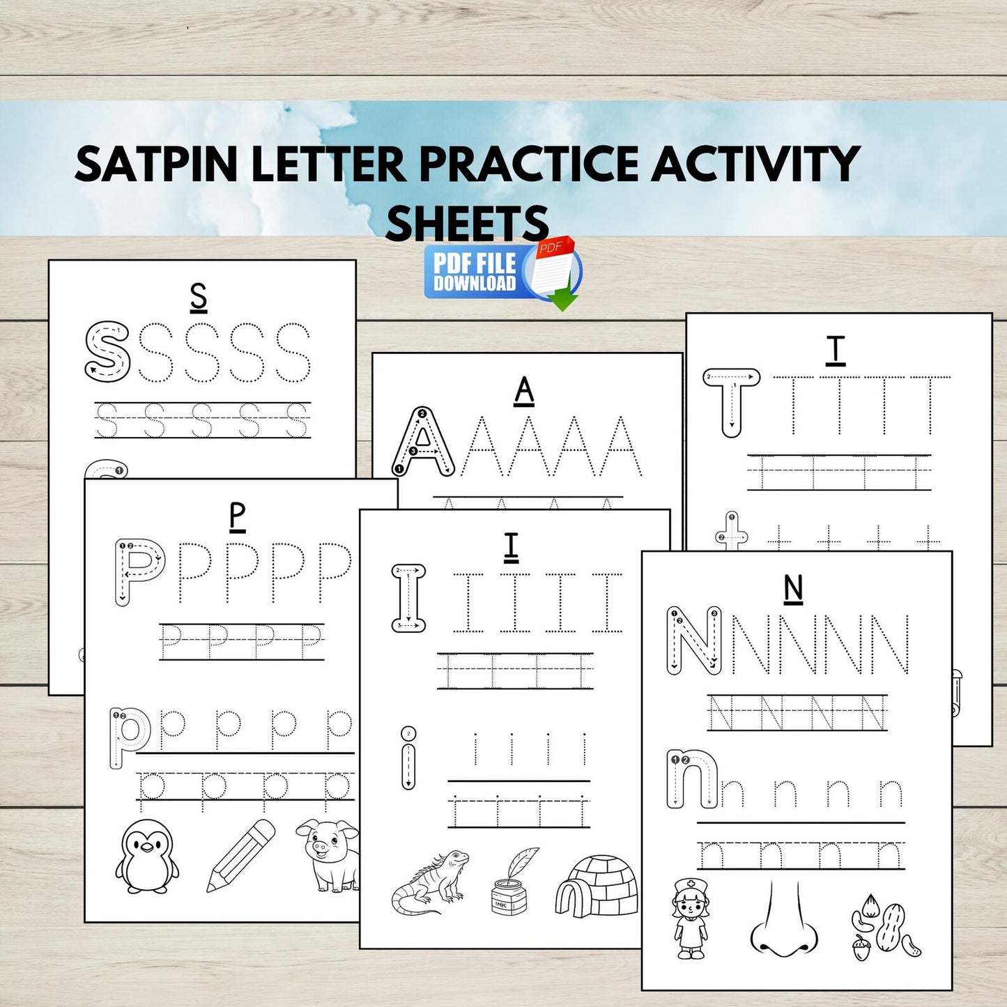 SATPIN Letter Practice Activity Sheets on a wooden surface with a PDF file icon.
