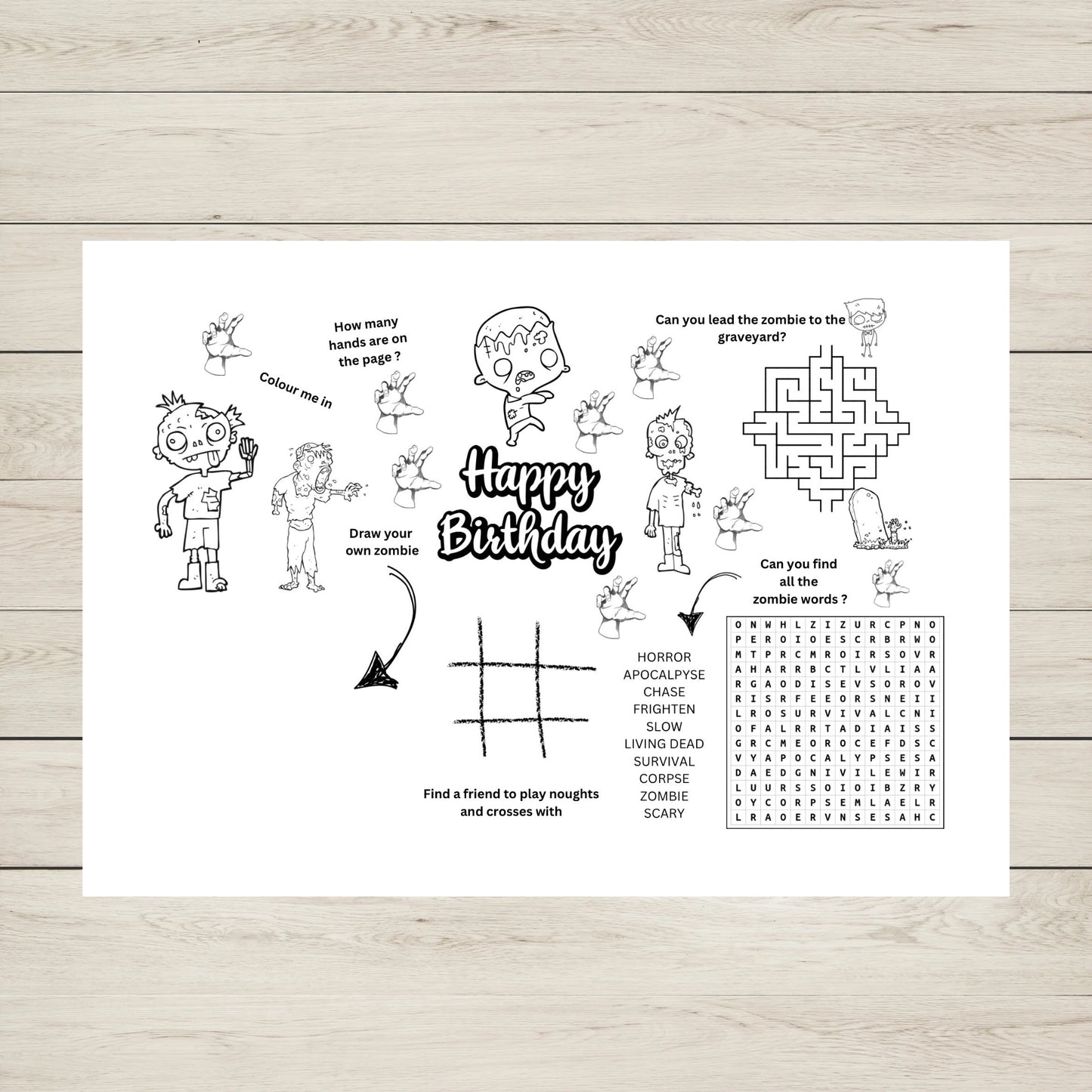 "A printable activity mat for zombie birthday party."