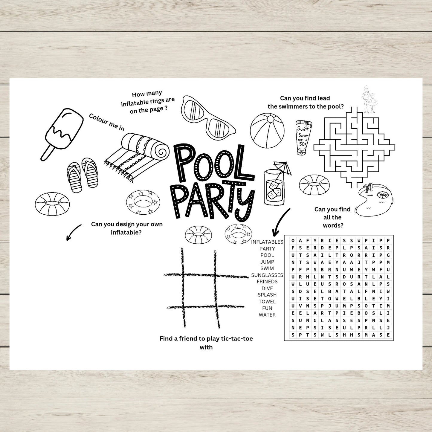 Pool Party Activity Sheet Printable