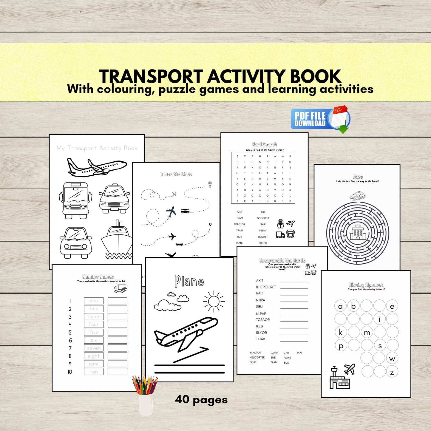 A transport activity book PDF for kids. with colouring and puzzles and learning activities.