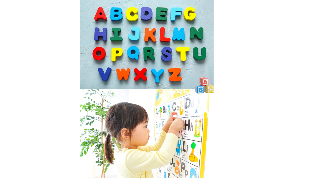 The alphabet and a little girl pointing at the alphabet. 