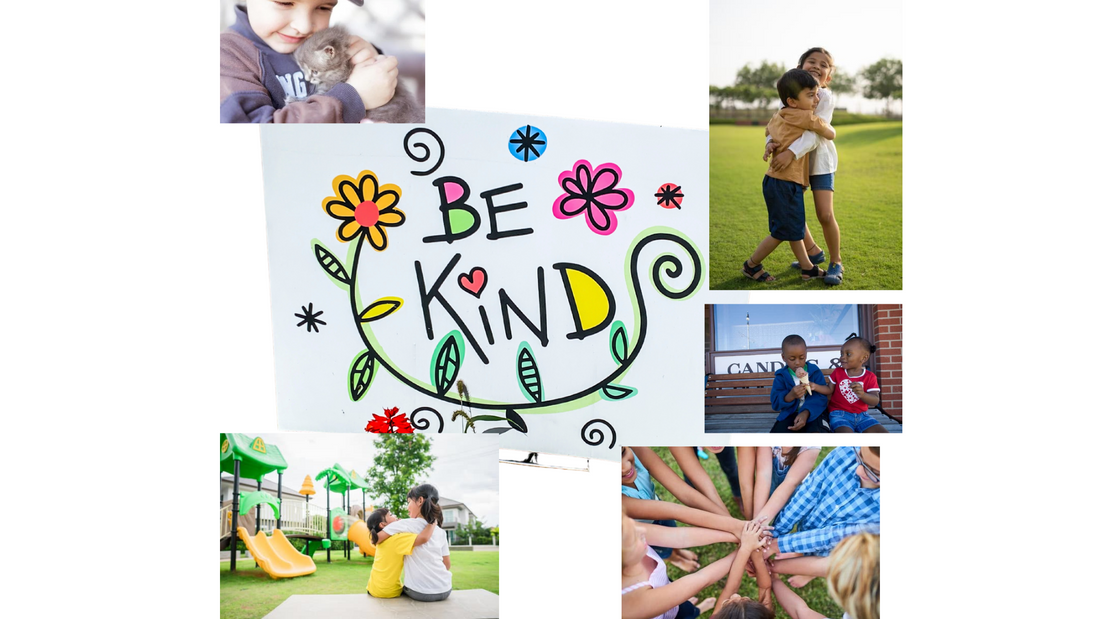 A be kind slogan with various photos around of children showing kindness. 