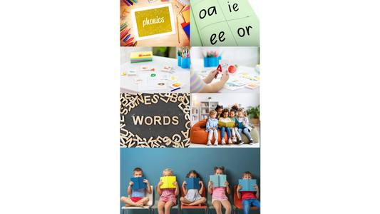 A selection of photos showing phonics, sight words and children with books.