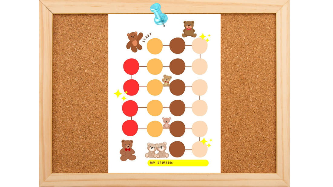 A cork board with a teddy bear themed reward chart on it.