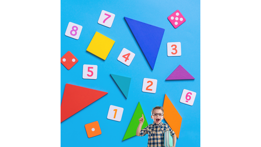 A blue background with numbers 1-8 and various shapes with a young boy wearing glasses pointing at them.