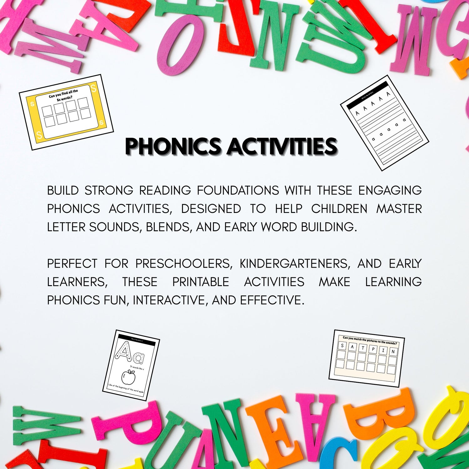 Early literacy printables for learning CVC words and phonics.