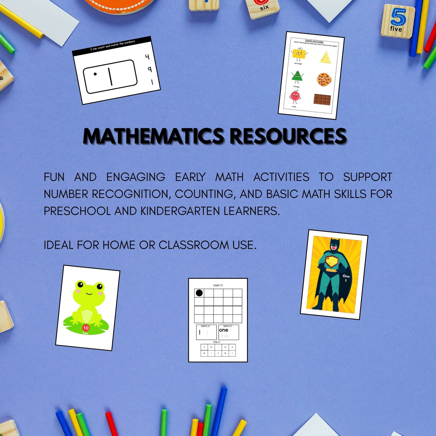 Early math activities with numbers and shapes.